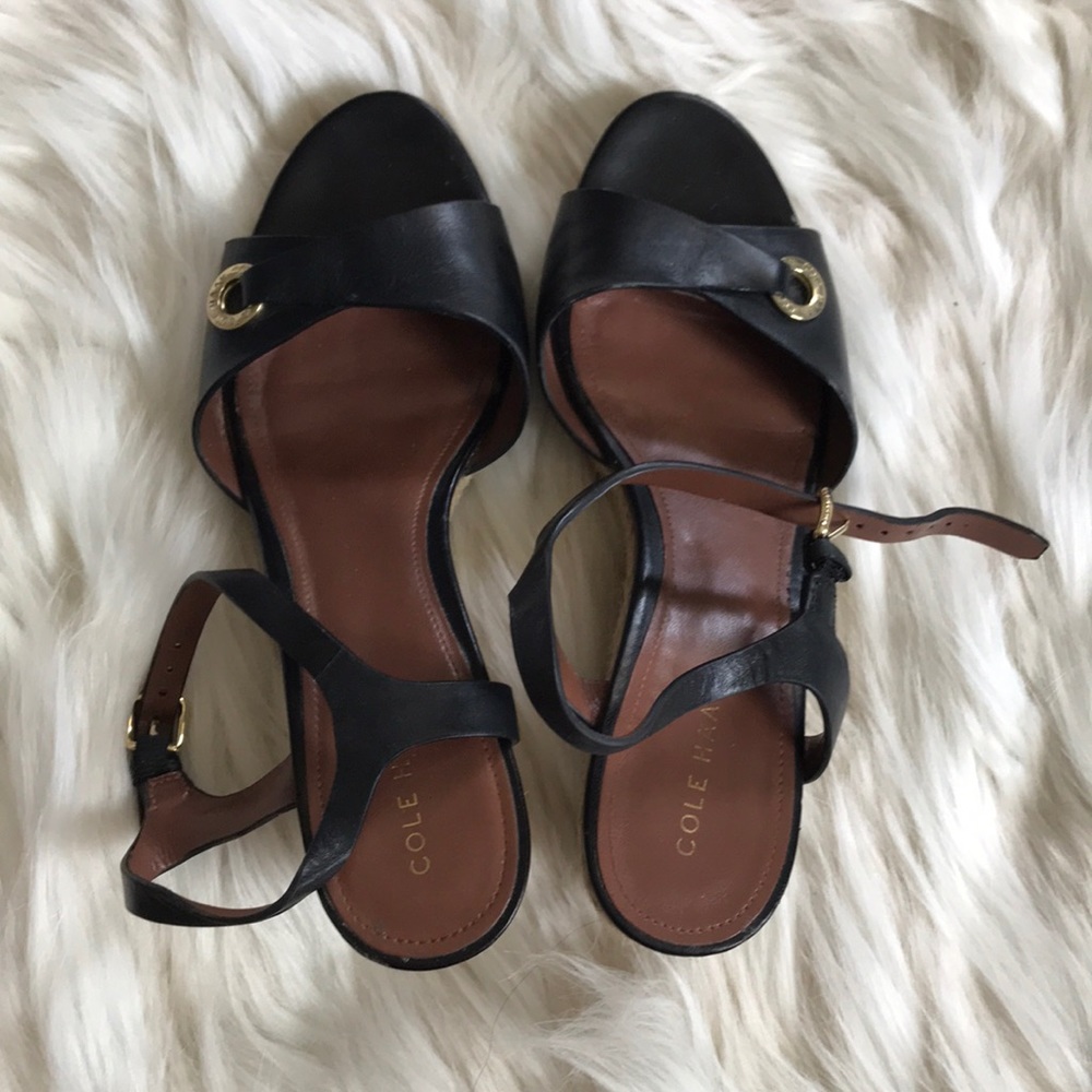 Cole Haan black leather open toe wedge espadrille